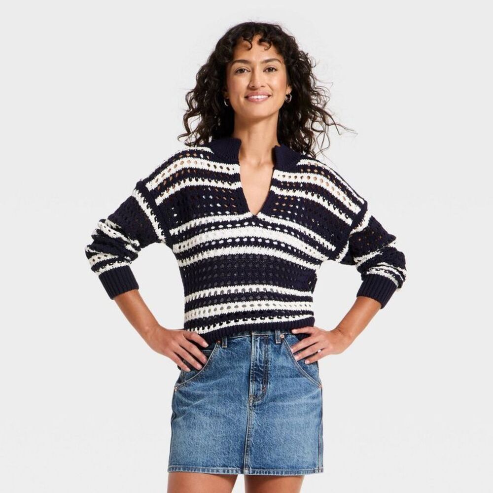Women's Openwork V-Neck Striped Pullover Sweater - Universal Thread Navy Blue M